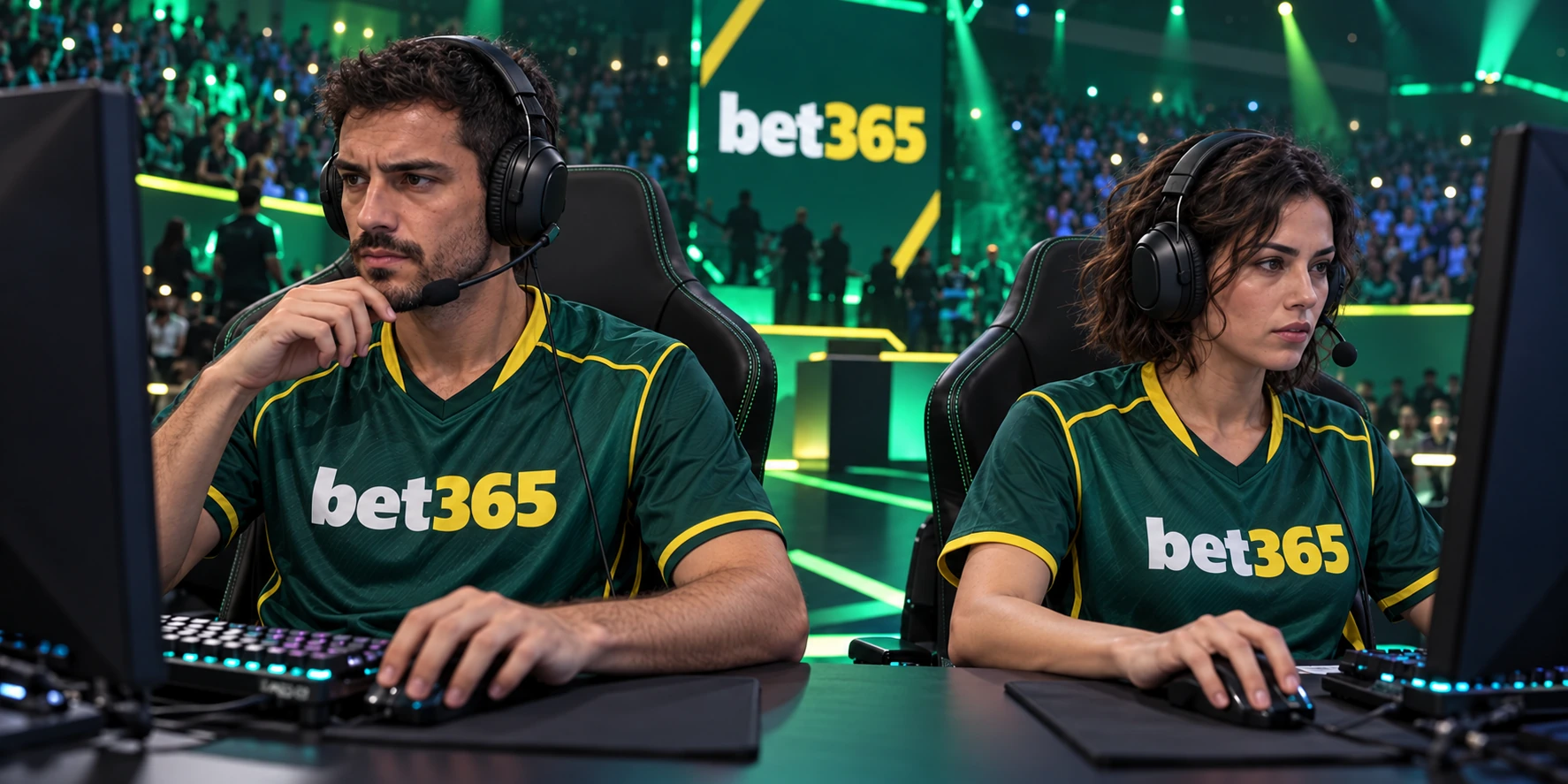 Jogadores de esports com equipamento bet365 numa arena de competição